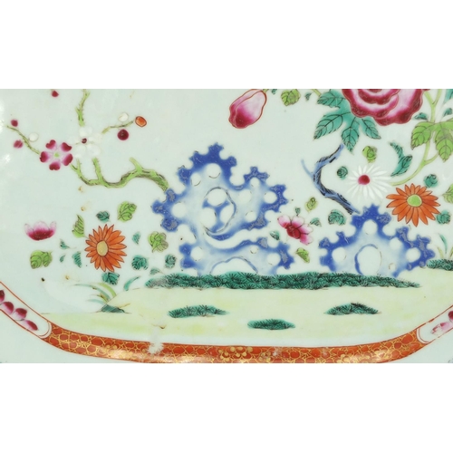 198 - Chinese porcelain meat platter, hand painted in the famille rose palette with flowers, 46cm wide