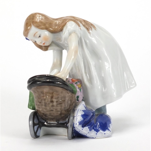 400 - 19th century Meissen porcelain figure of a young girl playing with her doll, blue cross sword marks ... 