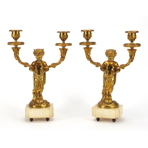 3 - After Claude Michel Clodion - Pair of French gilt bronze faun deign candelabras with scrolling branc... 