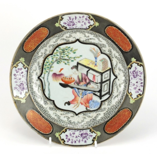 186 - Chinese porcelain plate finely hand painted in the famille rose palette with a musician, 23cm in dia... 