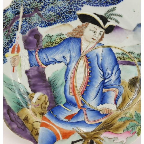 174 - Good Chinese porcelain plate finely hand painted with a huntsman holding a horn and sword with two d... 