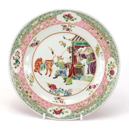 177 - Chinese porcelain plate finely hand painted in the famille rose palette with figures within a peony ... 