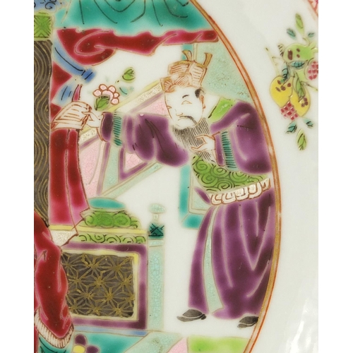 177 - Chinese porcelain plate finely hand painted in the famille rose palette with figures within a peony ... 