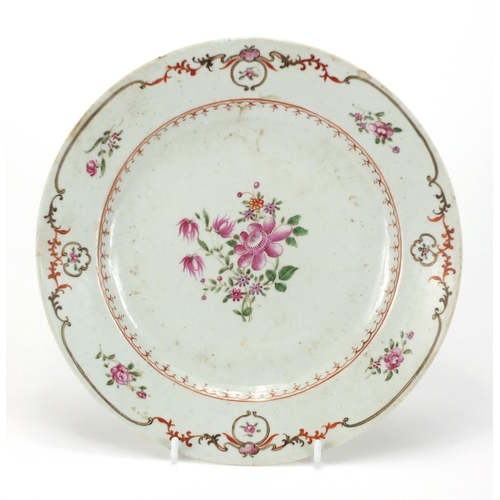 208 - Chinese porcelain armorial shallow dish, hand painted with flowers, 24.5cm in diameter
