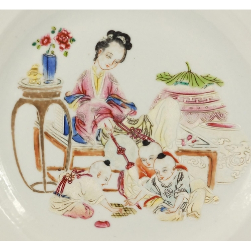 211 - Chinese porcelain plate finely hand painted in the famille rose palette with a mother and three chil... 