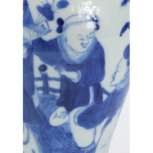 249 - Chinese blue and white porcelain baluster vase with flared rim, hand painted with three figures, fou... 