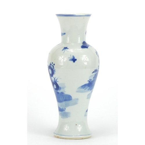 249 - Chinese blue and white porcelain baluster vase with flared rim, hand painted with three figures, fou... 