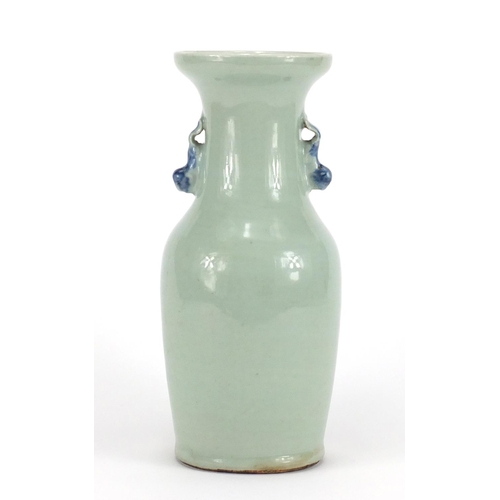 247 - Chinese porcelain celadon vase with twin handles, hand painted with flowers, red wax seal to the bas... 