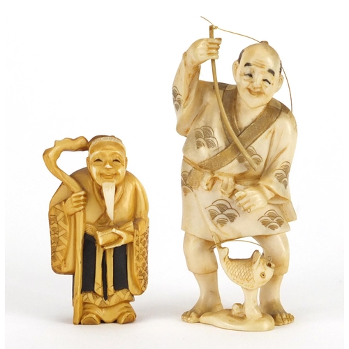 322 - Two Japanese carved ivory okimono's including one of a fisherman, both with character marks to the b... 