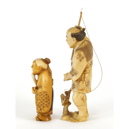 322 - Two Japanese carved ivory okimono's including one of a fisherman, both with character marks to the b... 