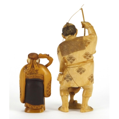 322 - Two Japanese carved ivory okimono's including one of a fisherman, both with character marks to the b... 