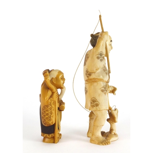 322 - Two Japanese carved ivory okimono's including one of a fisherman, both with character marks to the b... 