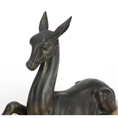 496 - Art Deco marble sculpture mounted with two bronze deer, 55cm wide