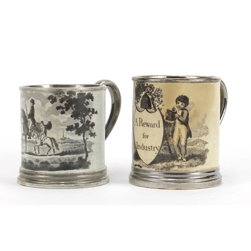 407 - Two early 19th century Staffordshire pottery children's mugs including one printed with Enoch Wood o... 