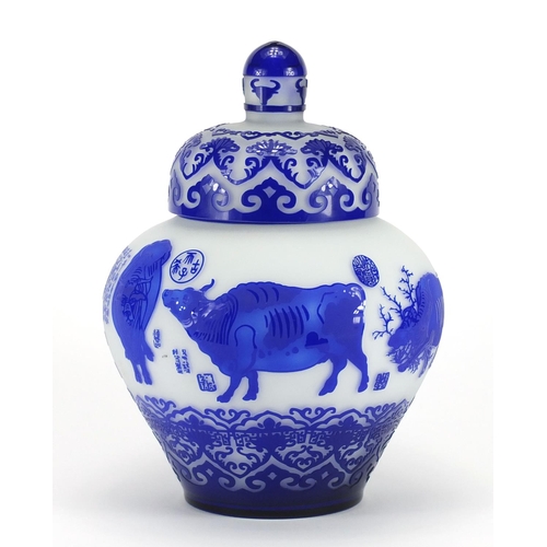 2278 - Chinese Peking cameo glass vase and cover, decorated with cattle amongst foliate motifs, with charac... 