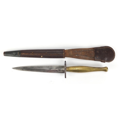 168 - Fairbairn and Sykes fighting knife by Wilkinson, with leather sheath, 28cm in length