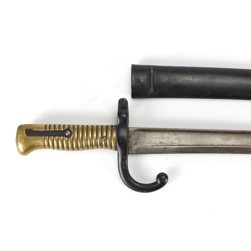 167 - French long bayonet with scabbard, both numbered 41314, 72cm in length