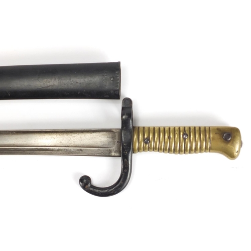 167 - French long bayonet with scabbard, both numbered 41314, 72cm in length