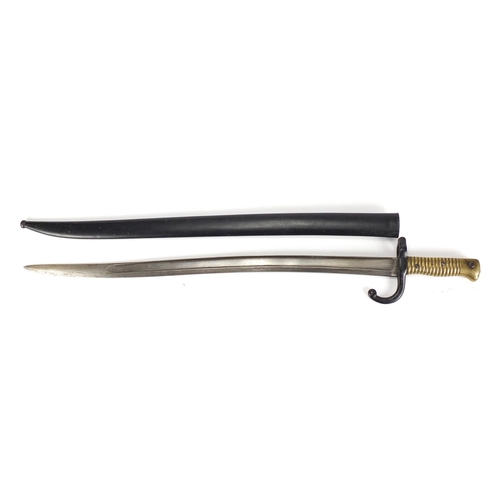 167 - French long bayonet with scabbard, both numbered 41314, 72cm in length