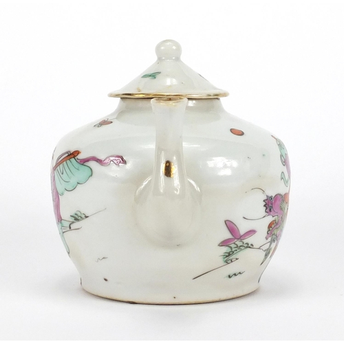 205 - Chinese porcelain teapot hand painted in the famille rose palette with figures and a Qilin, 9.5cm hi... 