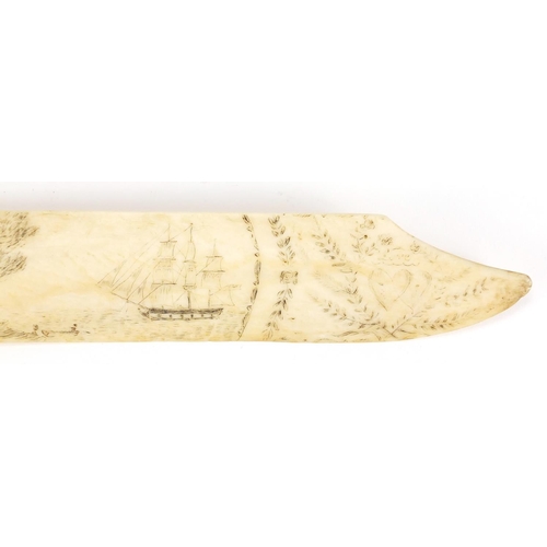 30 - Antique Scrimshaw ivory letter opener, decorated with a building beside water and a rigged ship, 37.... 