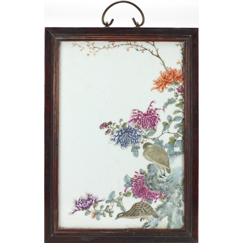 185 - Chinese rectangular porcelain plaque, finely hand painted in the famille rose palette with two quail... 