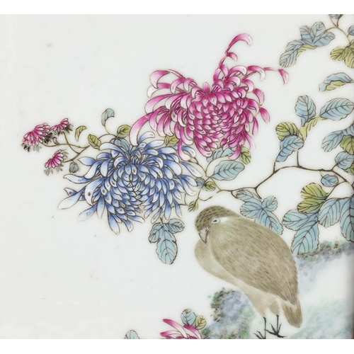 185 - Chinese rectangular porcelain plaque, finely hand painted in the famille rose palette with two quail... 