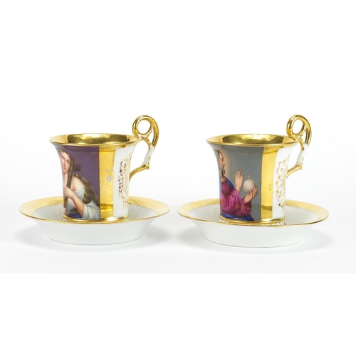 402 - Good Pair of 19th century continental porcelain cabinet cups and saucers, hand painted with Madonna ... 
