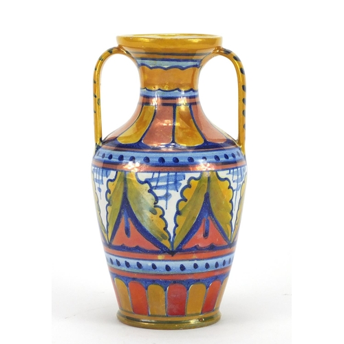 427 - 19th century Italian lustre glazed vase with twin handles, painted marks and inscribed Cellini to th... 