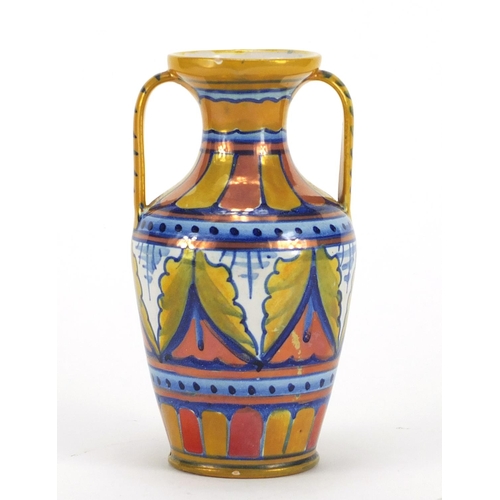 427 - 19th century Italian lustre glazed vase with twin handles, painted marks and inscribed Cellini to th... 