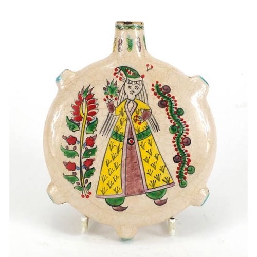 350 - Turkish Kutahya pottery water flask, hand painted with figures, 14.5cm high