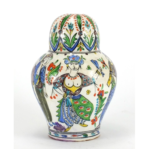 348 - Turkish Kutahya pottery vase, hand painted with figures and flowers, 21.5cm high