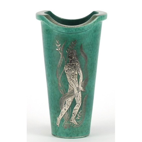 485 - Swedish art pottery vase by Gustavsberg with silver inlay, decorated with a standing nude female, si... 
