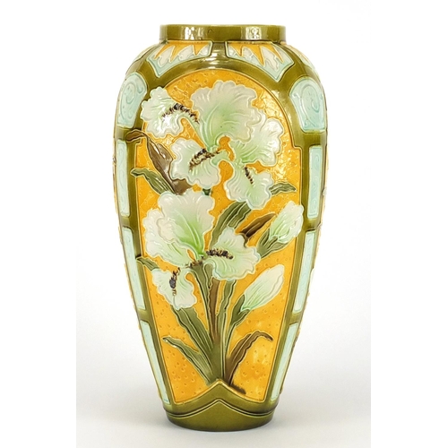 451 - Burmantofts faience glazed vase, hand painted with panels of stylised flowers, impressed factory mar... 