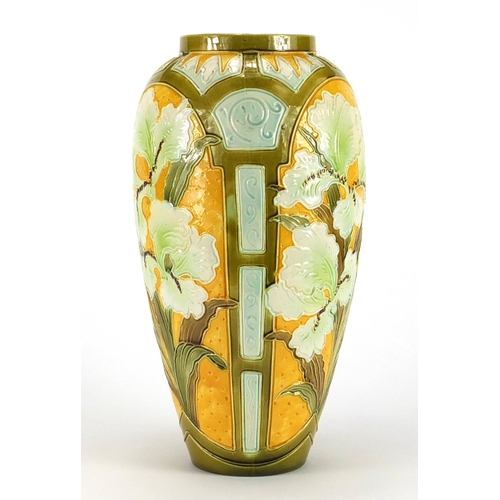 451 - Burmantofts faience glazed vase, hand painted with panels of stylised flowers, impressed factory mar... 