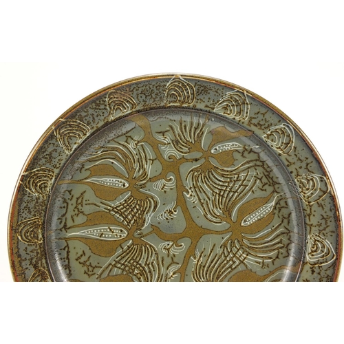 472 - David Eeles studio pottery abstract charger, impressed marks to the reverse, 41cm in diameter