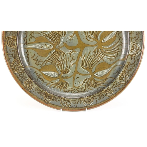 472 - David Eeles studio pottery abstract charger, impressed marks to the reverse, 41cm in diameter