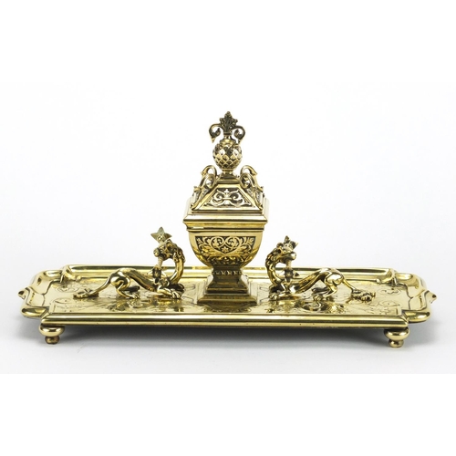 4 - Gilt brass dragon design desk stand with inkwell and glass liner, 33.5cm wide