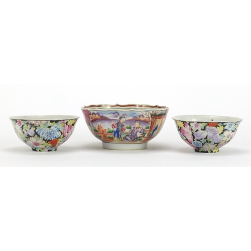 209 - Three Chinese porcelain bowls including a pair hand painted with Thousand Flowers, the largest 14cm ... 