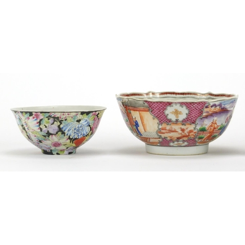 209 - Three Chinese porcelain bowls including a pair hand painted with Thousand Flowers, the largest 14cm ... 