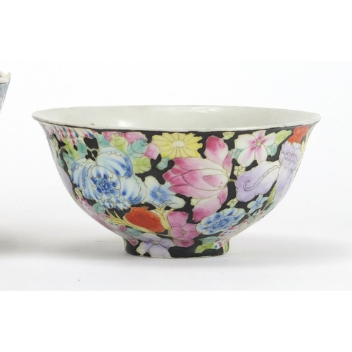 209 - Three Chinese porcelain bowls including a pair hand painted with Thousand Flowers, the largest 14cm ... 