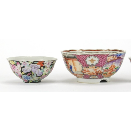 209 - Three Chinese porcelain bowls including a pair hand painted with Thousand Flowers, the largest 14cm ... 