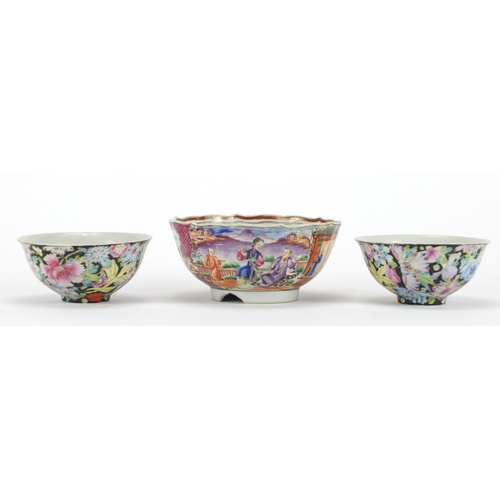 209 - Three Chinese porcelain bowls including a pair hand painted with Thousand Flowers, the largest 14cm ... 