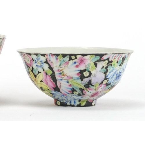 209 - Three Chinese porcelain bowls including a pair hand painted with Thousand Flowers, the largest 14cm ... 