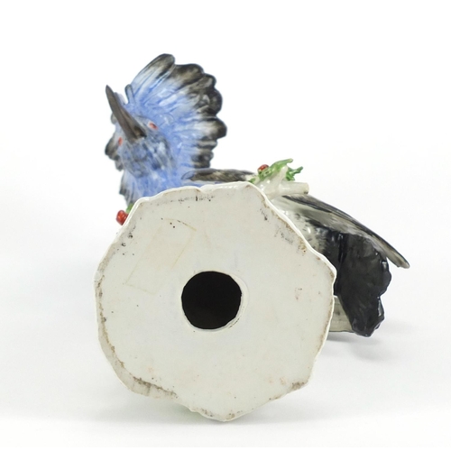 406 - 19th century continental porcelain Jay bird perched on a branch, factory marks to the reverse, 29.5c... 