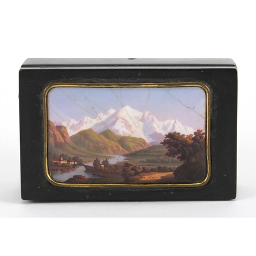 54 - Rectangular Swiss music box, the hinged lid inset with an enamelled panel hand painted with a contin... 