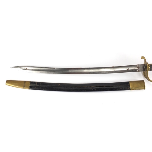 163 - 19th century Military interest short sword, with scabbard and wire bound shagreen grip, 75cm in leng... 