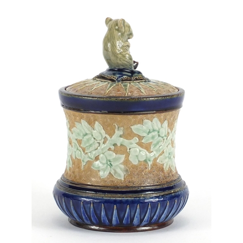 444 - Doulton Lambeth jar and cover with mouse design knop attributed to George Tinworth, the jar decorate... 