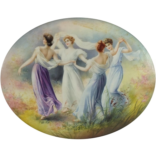 443 - Two Royal Doulton oval porcelain plaques each decorated with four maidens in a landscape, each mount... 