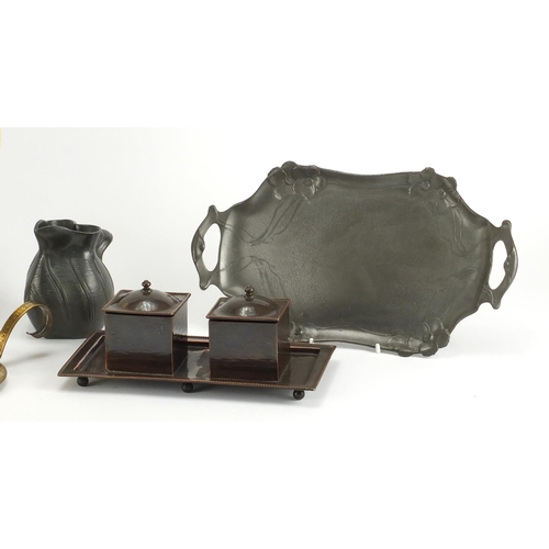 505 - Metalware including a large WMF brass tray, Iona chamber stick, Just pewter jug and Orivit twin hand... 